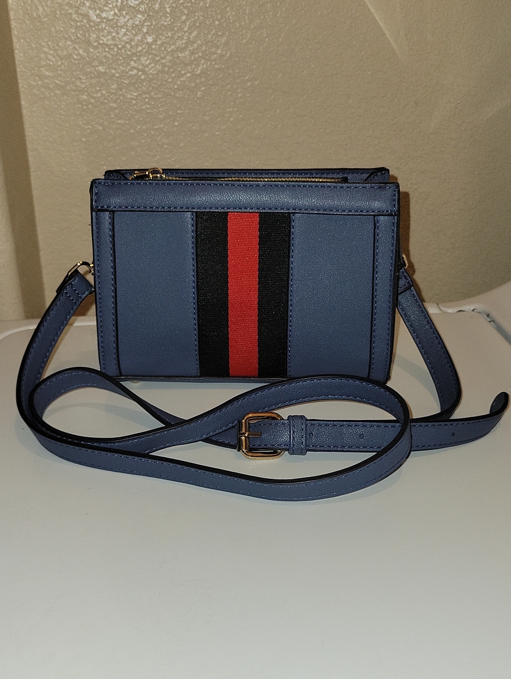 Blue Crossbody Bag with Red & Black Stripe